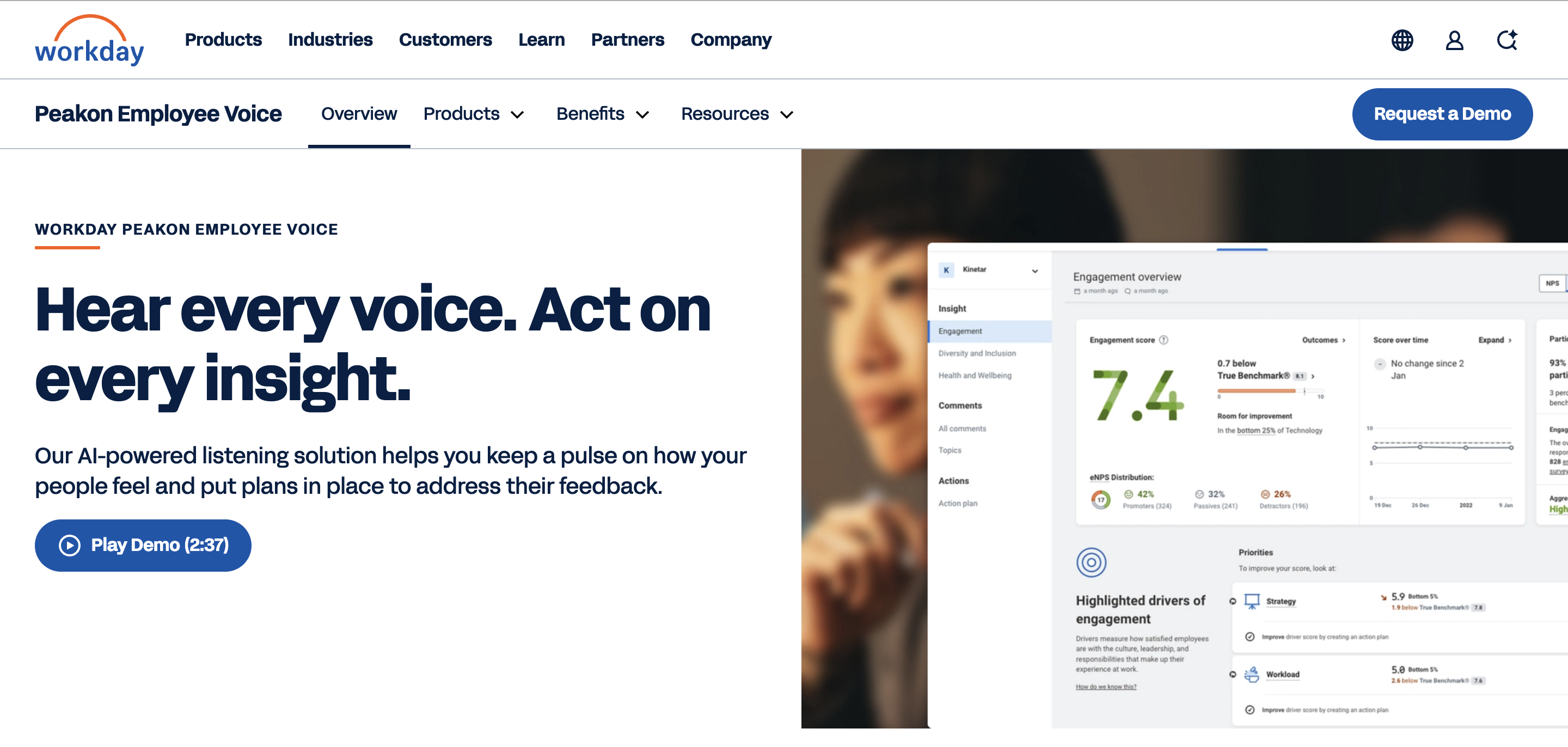 Workday Peakon - real-time engagement dashboard with benchmarking