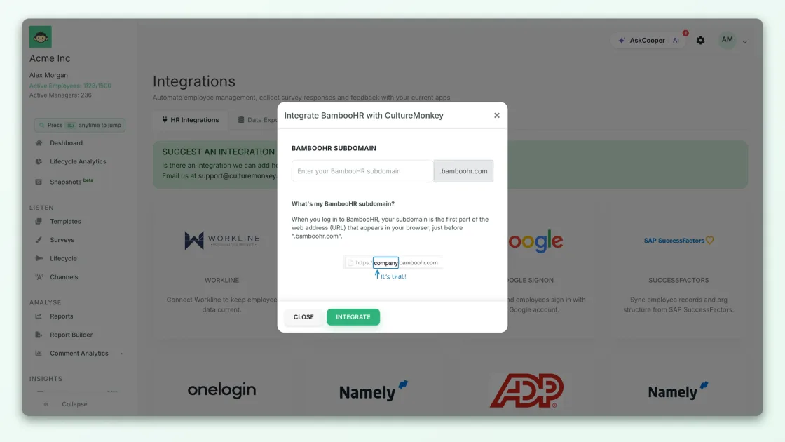 The Integrate BambooHR with CultureMonkey dialog in the CultureMonkey Integrations page, showing a single subdomain field with the .bamboohr.com suffix fixed beside it, and guidance on finding your subdomain.