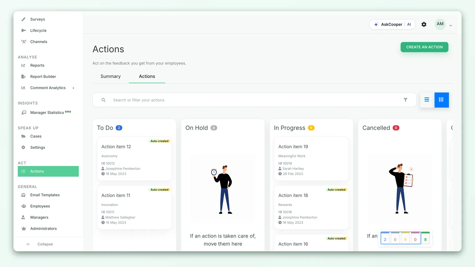 The Actions board with the To do, On hold, In progress and Completed columns and the create button in the header.