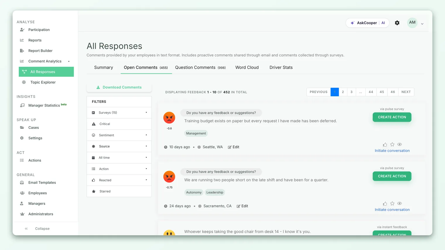 The Feedback section with individual comment cards, each showing its sentiment icon and score.