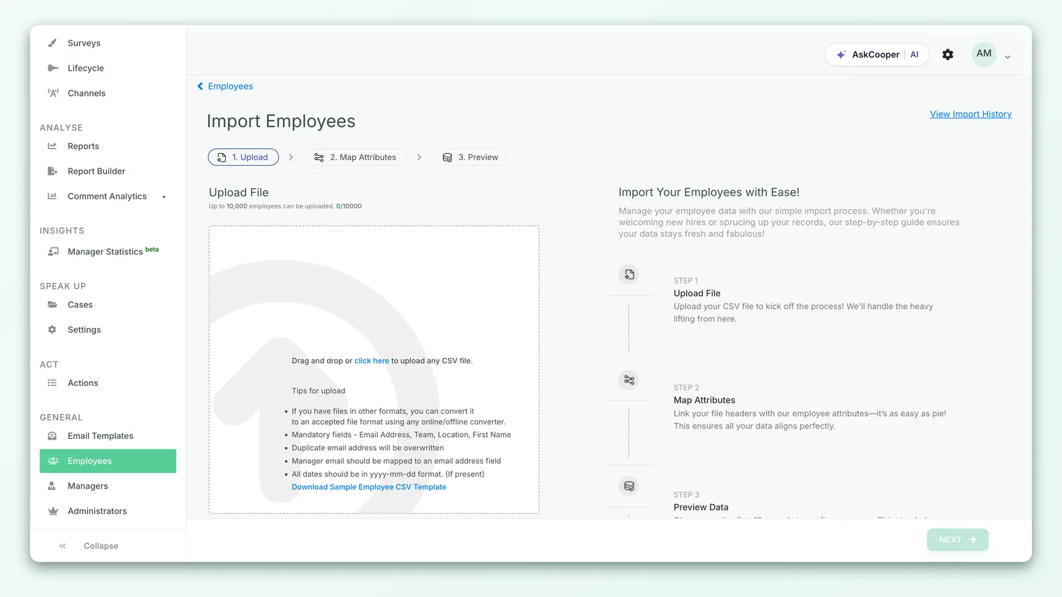 The employee import screen where phone numbers with country codes are mapped for SMS and WhatsApp delivery.