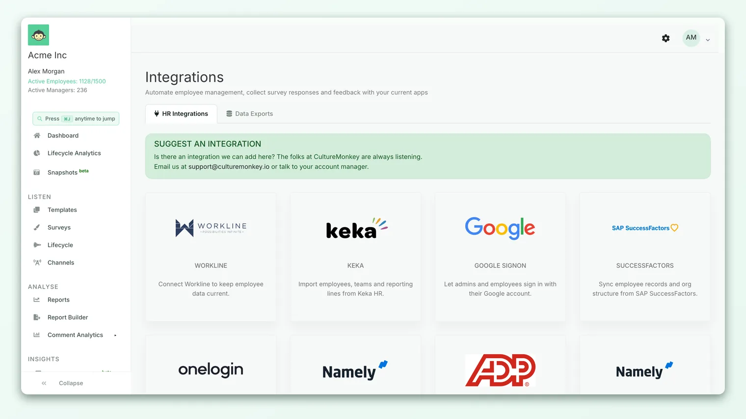 The Integrations settings page in CultureMonkey with the API KEY field and a copy button.