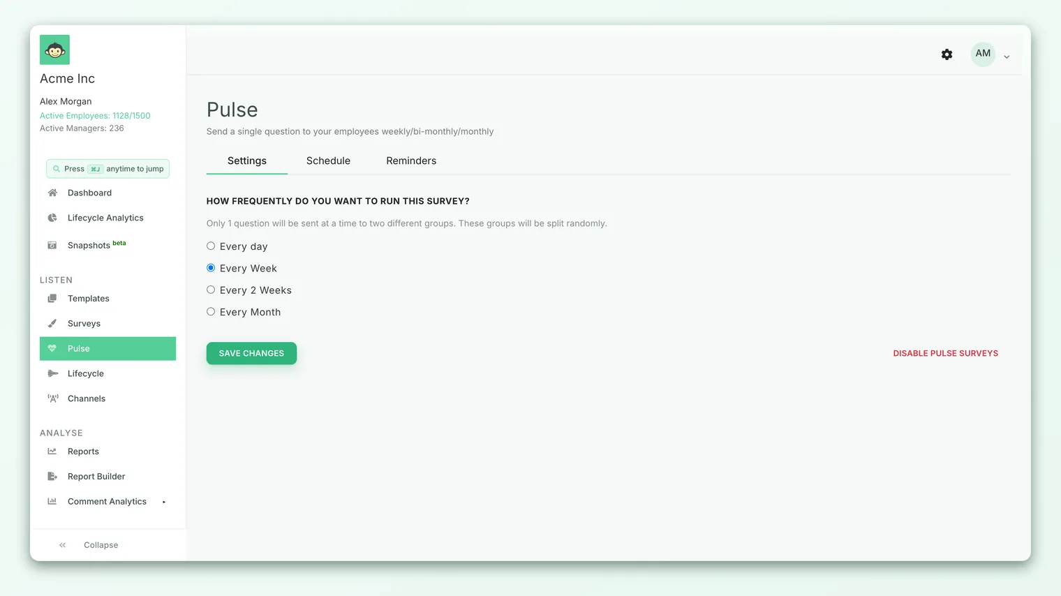 The CultureMonkey Pulse setup screen, where you choose how often the pulse survey runs.