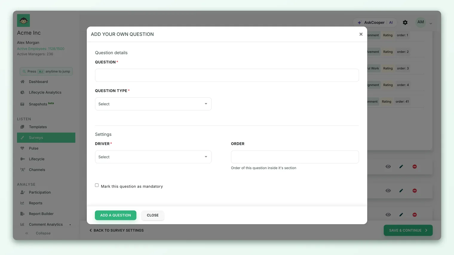 The question editor in the survey builder, choosing a rating scale and its display for a new rating question.