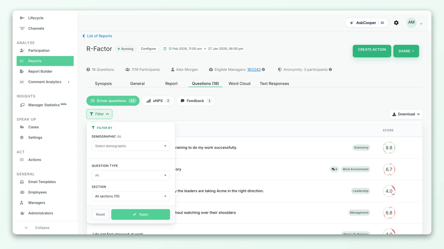 A survey report in CultureMonkey with the demographic filter controls at the top, ready to narrow the view to a subset of employees.