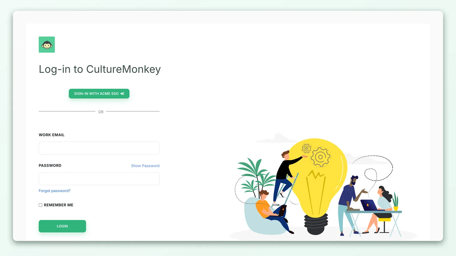 The CultureMonkey sign-in page, showing the email and password fields alongside the single sign-on option.