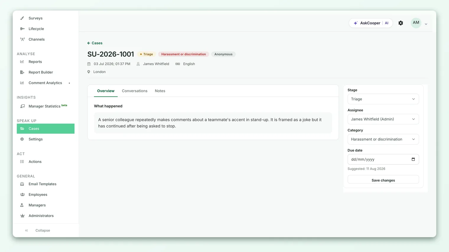The Speak Up case detail view showing the current stage, the stage dropdown limited to allowed next moves, and the assignee.