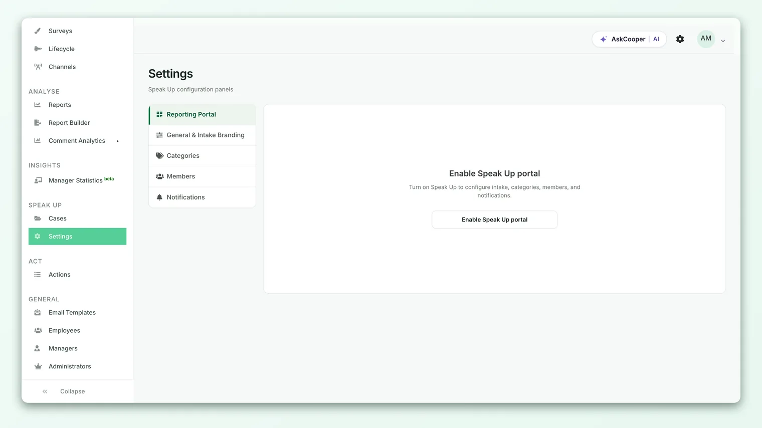 The Speak Up settings screen open to the Categories tab, showing the five default categories with their risk levels and a reorder handle on each row.