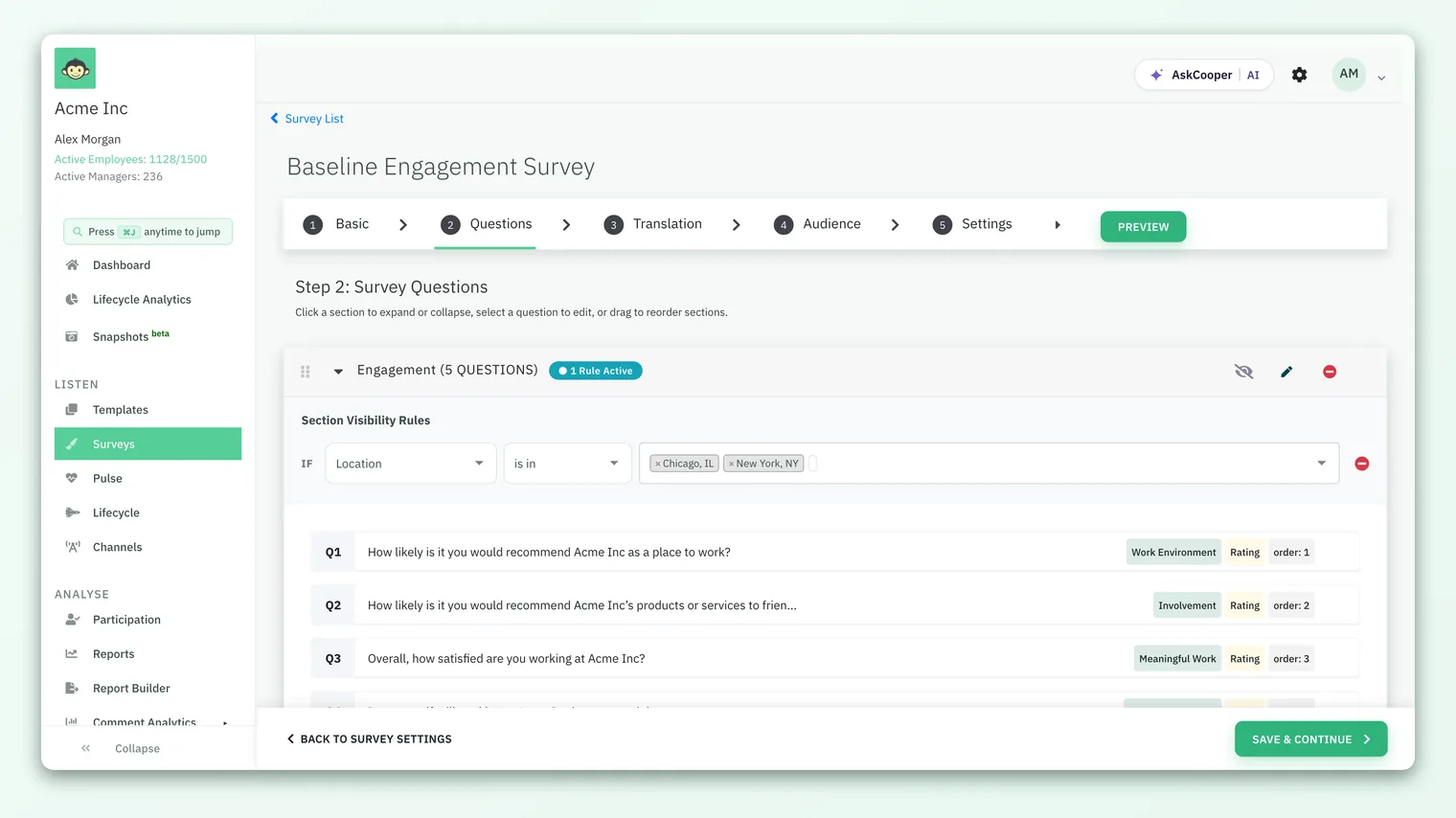 The survey builder with the Preview button in the step navigation.